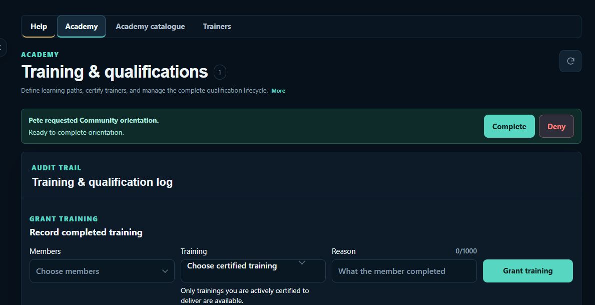 Academy training and qualifications workspace captured from the Platypus live demo