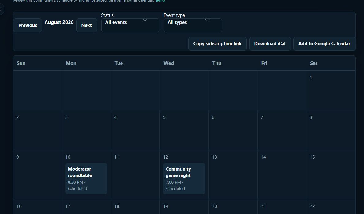 Platypus event calendar with scheduled community events