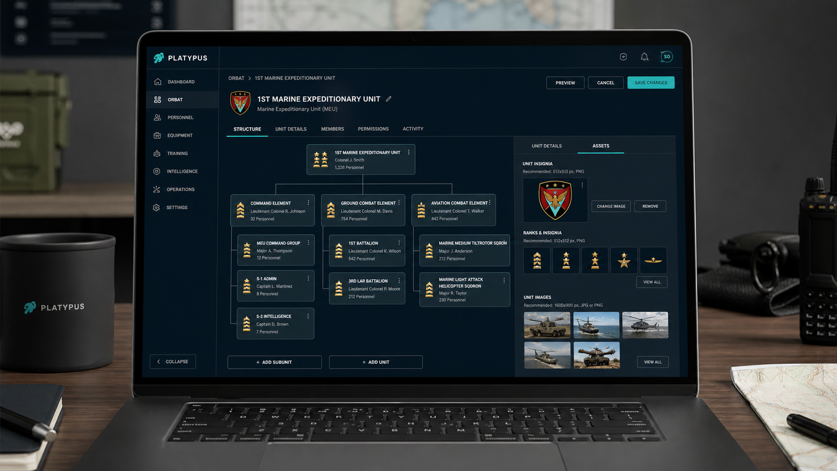 Platypus ORBAT customization interface with hierarchy cards, ranks, member assignments, and asset previews