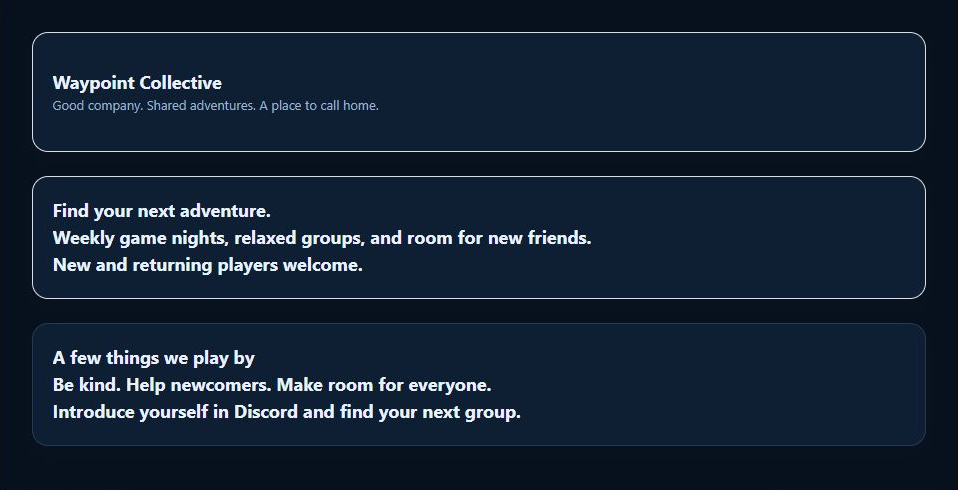 Waypoint Collective sample website built in the Platypus demo editor, showing its welcome, recruitment message, and community guidelines